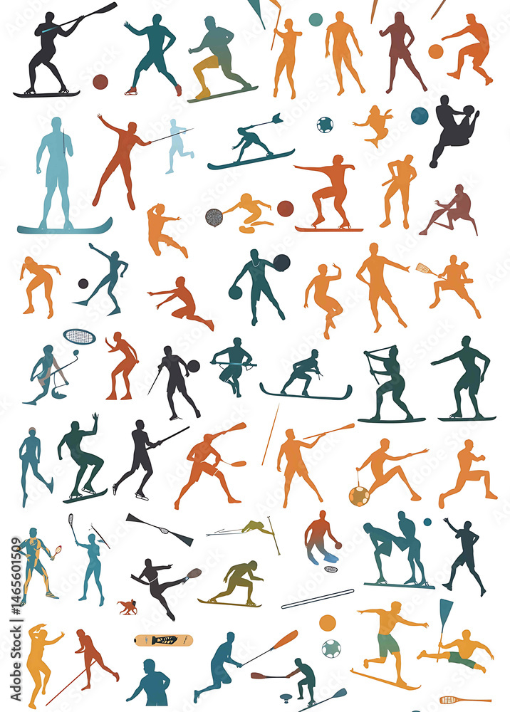 A collection of sports silhouettes featuring various indoor and outdoor activities like basketball soccer swimming ice skating rollerblading snowboarding cycling surfing fishing hor A collection of sports silhouettes featuring various indoor and outdoor activities like basketball soccer swimming ice skating rollerblading snowboarding cycling surfing fishing hor