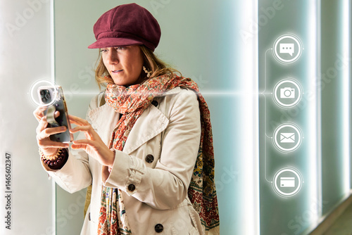 Woman using smartphone apps to socialize and pay at city nightlife with technology icons