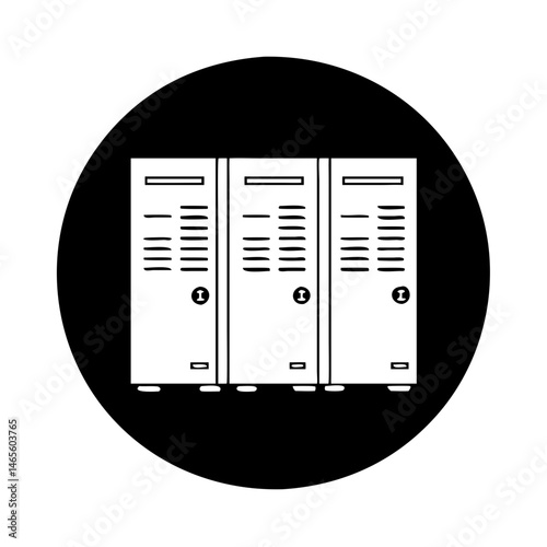 Monochromatic illustration of three lockers against a black circular background design
