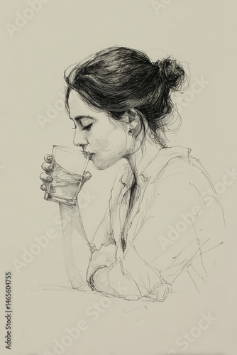 sketch of woman drinking from a glass