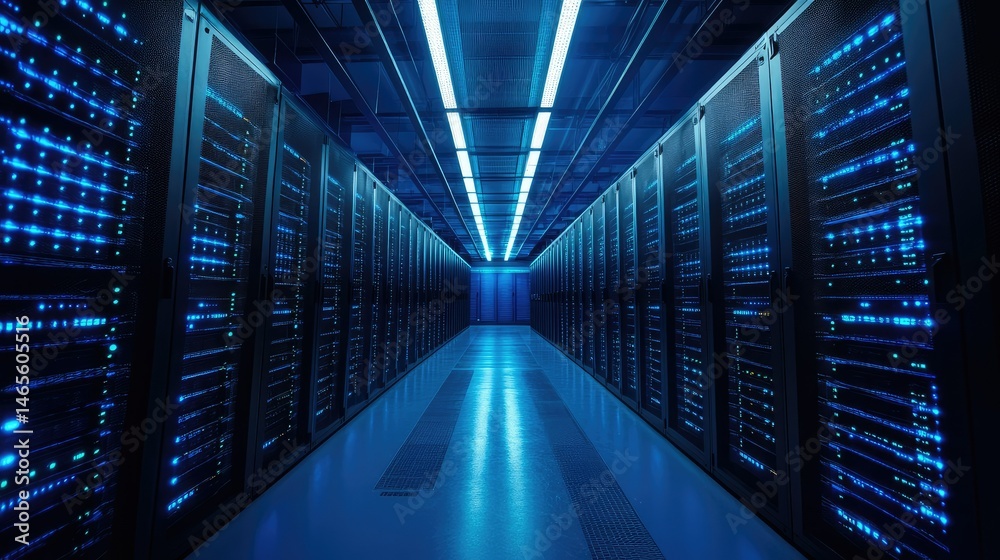 Obraz premium Modern server room, illuminated by blue light, showcasing rows of computer racks
