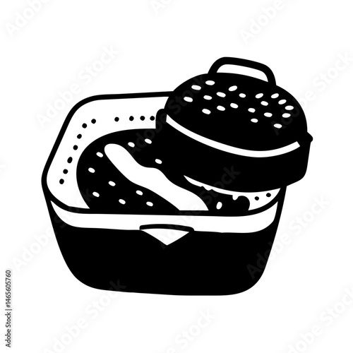 Hand drawn illustration of a fondue pot with dipping ingredients in black