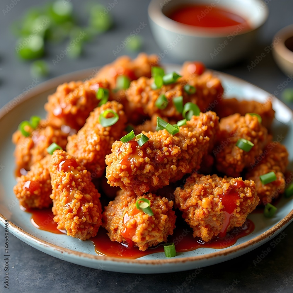 A crispy Korean fried chicken plate with sweet and spicy glaze. A crispy Korean fried chicken plate with sweet and spicy glaze.