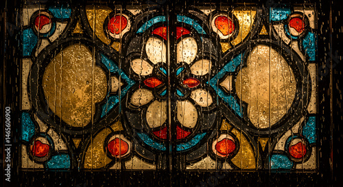 Stained Glass Window With Raindrops Creating A Distorted Viewpoint