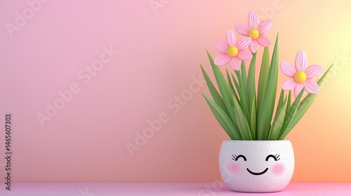 Smiling Potted Pink Flowers 3D Render