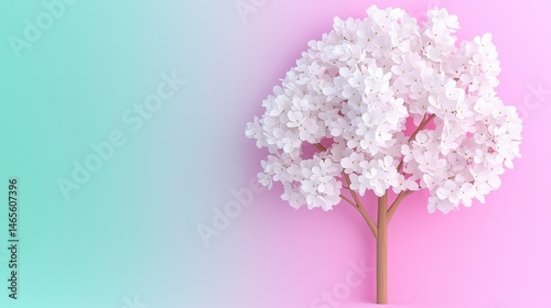 White Blossom Tree on Pastel Pink and Green Background