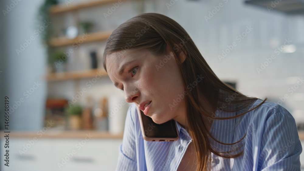 Calling businesswoman complaining paperwork sitting home office closeup.