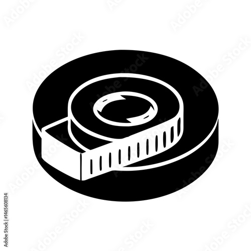 Black and white drawing of a retractable measuring tape in isometric view