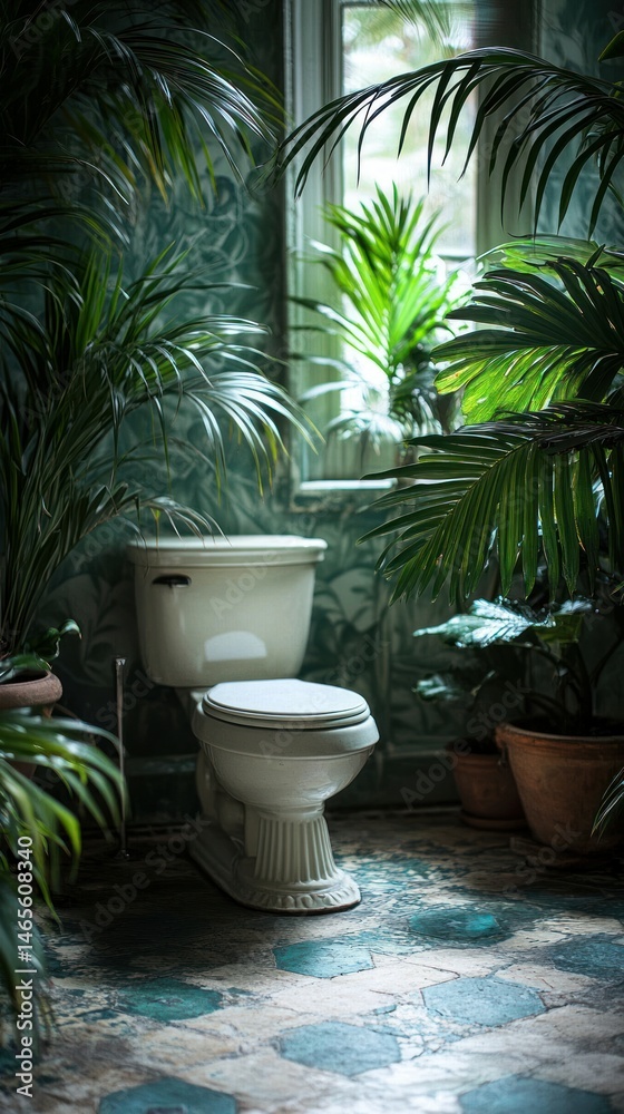 Fototapeta premium Botanical bathroom, toilet and plants filled the room