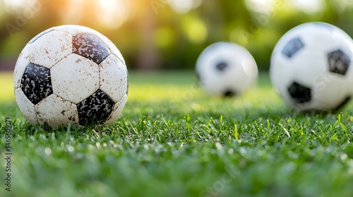 Soccer Balls on Green Grass with Sunlight and Nature Background