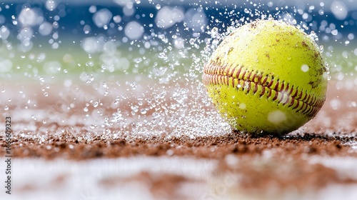 Softball with Water Splashing on a Gritty Field Close Up