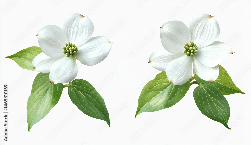 Fototapeta premium Two exquisite white flowers with lush green leaves