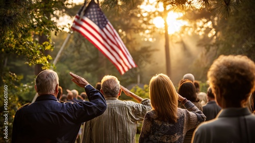 A serene moment of remembrance as individuals salute the American flag in a sunlit ceremony, celebrating patriotism and Memorial Day.