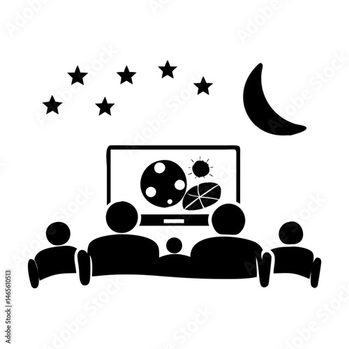 Family night watching celestial bodies on television underneath stars and a moon