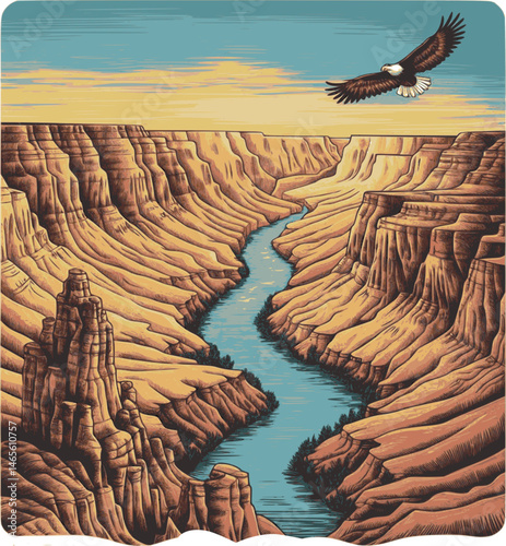 Vintage Sketched Vector of Grand Canyon National Park with Flowing River, Rock Formations, and Flying Eagle – Hand Drawn Scenic Landscape on Transparent Background