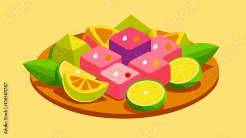 A colorful mix of diced mahimahi marinated in a zesty blend of lemon and lime juice with chopped jalapenos and diced red onions.. Vector illustration