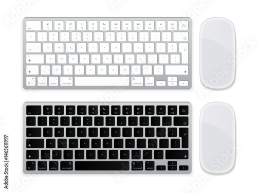 3D Keyboard and Mouse Set – Realistic Top View in Black and White on White Background, Vector