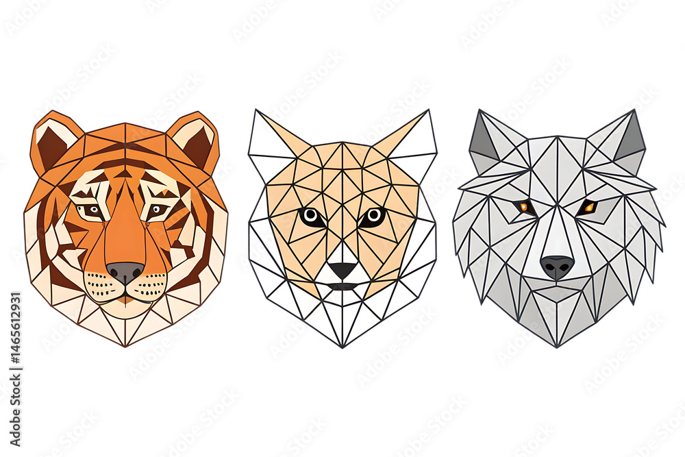 Fototapeta premium Low poly triangular tiger, lynx and wolf heads on white background, vector illustration isolated. Polygonal style trendy modern logo design. Suitable for printing on a t-shir AI Generated