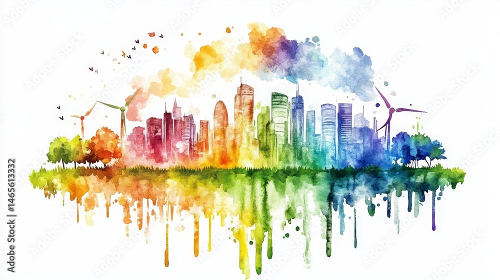 Obraz premium Vibrant Cityscape with Renewable Energy - Watercolor painting of a colorful city skyline with wind turbines, reflecting in water, symbolizing sustainable urban living