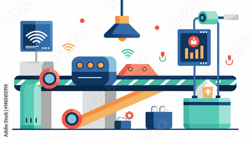 A conveyor belt system equipped with sensors that track wear and tear on its rollers alerting maintenance personnel before a breakdown.. Vector illustration