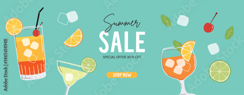 Summer Sale abstract background. Season blue banner with cocktails and citrus fruits Illustration