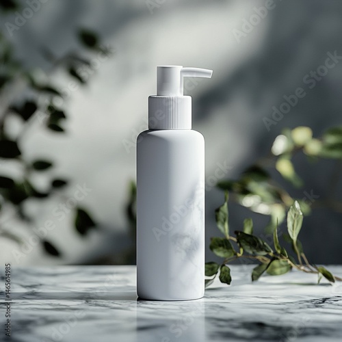 Minimalist white pump bottle standing on marble surface with green foliage and natural light background suitable for cosmetic, skincare, or hygiene product display
