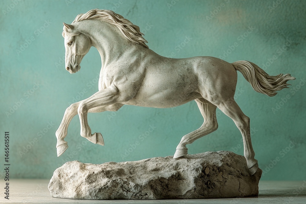 Fototapeta premium Elegant, white sculpted horse leaping atop a rock formation.