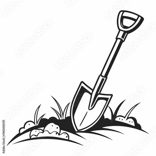 土を掘るスコップの線画 / Shovel digging in dirt line drawing
