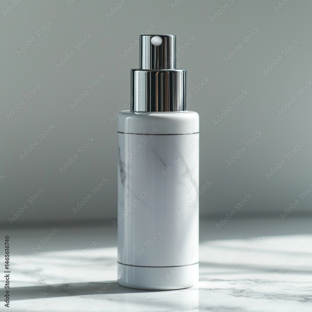 Modern white marble textured spray bottle with metallic spray nozzle on smooth surface in minimalistic setting perfect for skincare or cosmetic products Modern white marble textured spray bottle with metallic spray nozzle on smooth surface in minimalistic setting perfect for skincare or cosmetic products