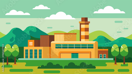 A large industrial building surrounded by sprawling green fields produces the sweetest dulce de leche in all of Argentina.. Vector illustration