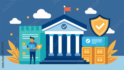 A bank adhering to data security regulations and regularly undergoing audits to ensure compliance and maintain the trust of their customers.. Vector illustration