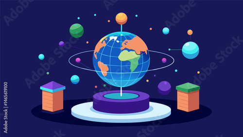 A digital projection of interconnected data floating above a revolving sphere.. Vector illustration