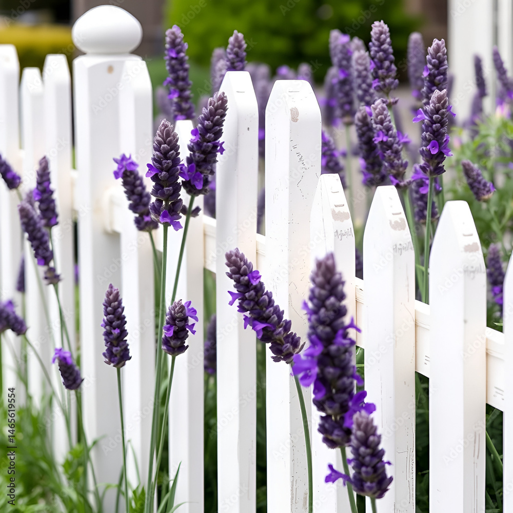 Naklejka premium A white picket fence lined with vibrant purple lavender flowers, creating a charming rustic scene.