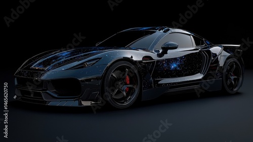 A sleek sports car with a striking galaxy theme wraps its body, reflecting an artistic blend of colors and patterns