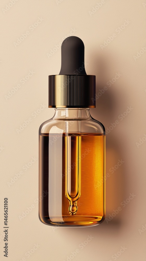 Close-up of a glass dropper bottle with golden liquid for skincare or essential oils, featu black rubber dropper cap on beige background Close-up of a glass dropper bottle with golden liquid for skincare or essential oils, featu black rubber dropper cap on beige background