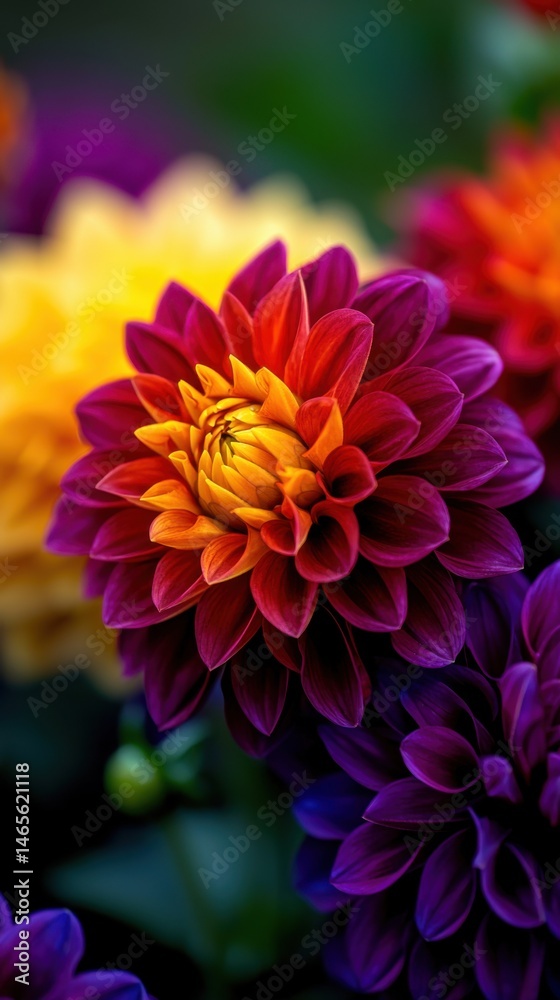 Vibrant dahlia flowers display a stunning array of colors in a garden setting. The intricate patterns and textures of the petals catch the sunlight, creating an enchanting atmosphere Vibrant dahlia flowers display a stunning array of colors in a garden setting. The intricate patterns and textures of the petals catch the sunlight, creating an enchanting atmosphere