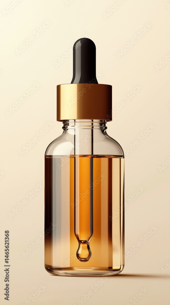 Close-up of a glass dropper bottle containing amber-colored skincare serum with black and gold cap on a plain beige background for cosmetic and beauty treatments Close-up of a glass dropper bottle containing amber-colored skincare serum with black and gold cap on a plain beige background for cosmetic and beauty treatments