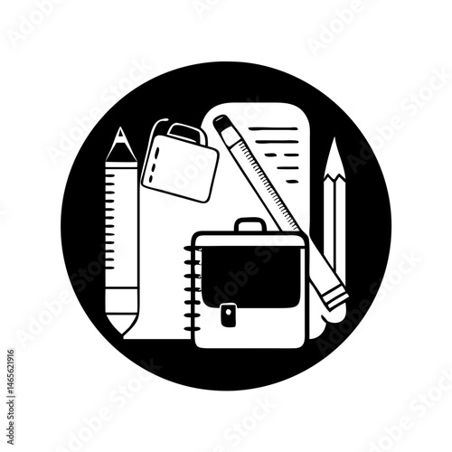 Conceptual business icon showing a briefcase, pencil, ruler and document stack