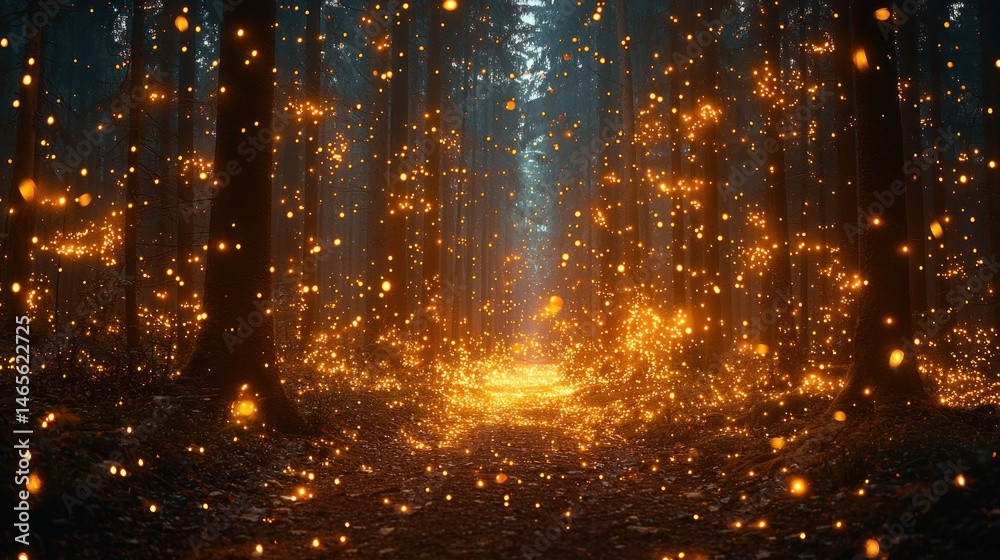 Fototapeta premium Glowing Lights in Dark Forest Create Magical and Enchanting Scene