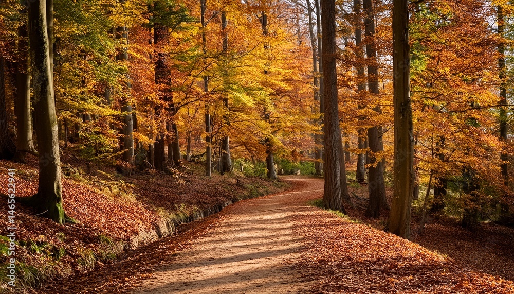 Fototapeta premium a winding dirt path through a tranquil forest showcases autumn foliage with fallen leaves and trees lining either side inviting exploration