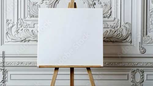 Blank canvas on wooden easel against an elegant white decorative wall with ornate moldings, illuminated by natural light. Mockup