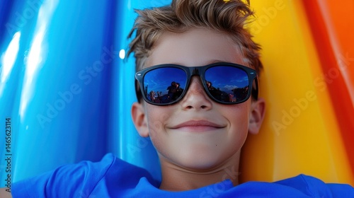A boy with blonde hair relaxes on vibrant water slides at a water park, wearing sunglasses. He displays a joyful expression as he enjoys a sunny afternoon with friends and family around