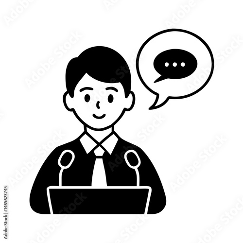 Man giving a speech at a podium with a speech bubble icon