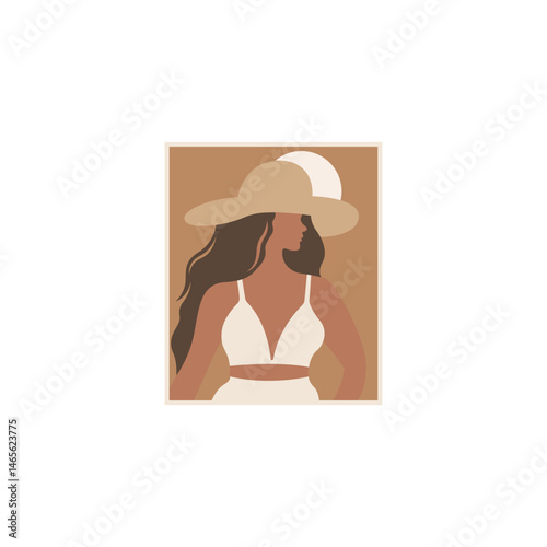 Logo design of a woman in a bikini in boho design style, symbolizing freedom, summer vibes, and a carefree lifestyle, often featuring natural, earthy elements and intricate details.

