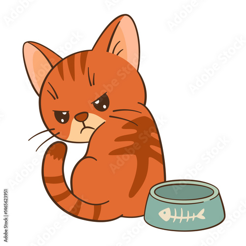 Angry orange tabby cat sits by an empty bowl. Kitten looks over his shoulder. Flat style clean, simple design. For children’s content, greeting cards, stickers, tshirts, mug and posters illustration.