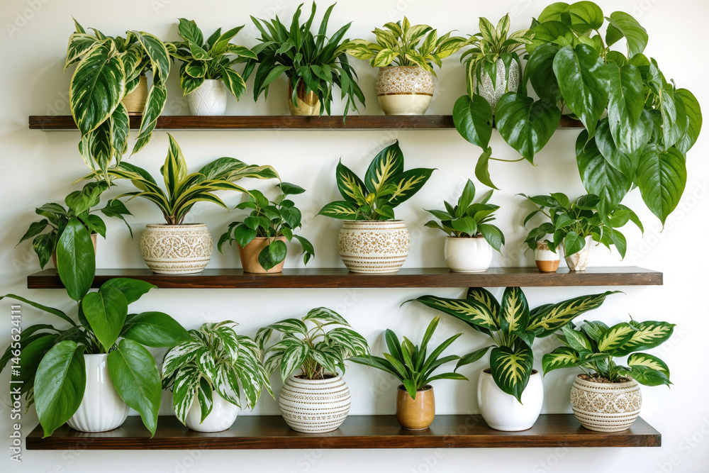 various types of indoor houseplants on wooden shelves against a white wall
