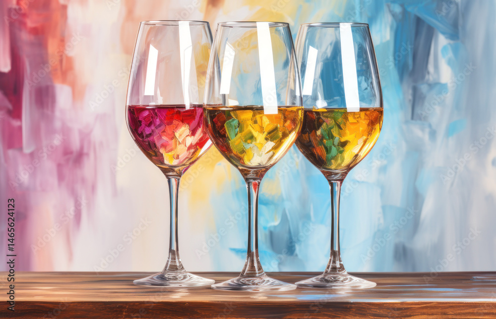 Three wine glasses with abstract colorful reflections, standing on a wooden table against a vibrant painted background