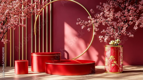 3D illustration rendering of Chinese New Year red podium product showcase on a Japanese style background with golden ring frame. Happy holiday celebration concept