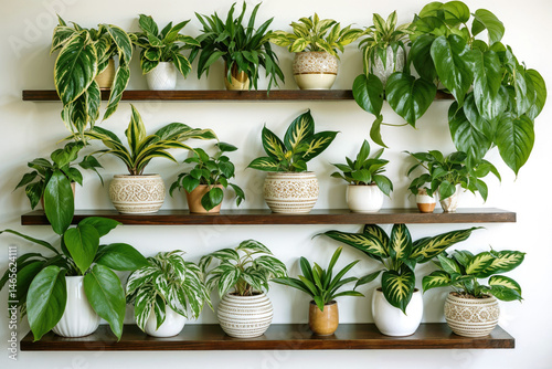 Obraz na płótnie various types of indoor houseplants on wooden shelves against a white wall w salonie