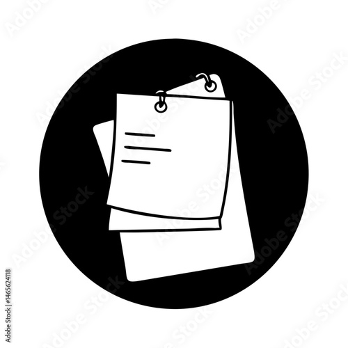 Black Circle Icon of Stacked Notes with List on Top Sheet